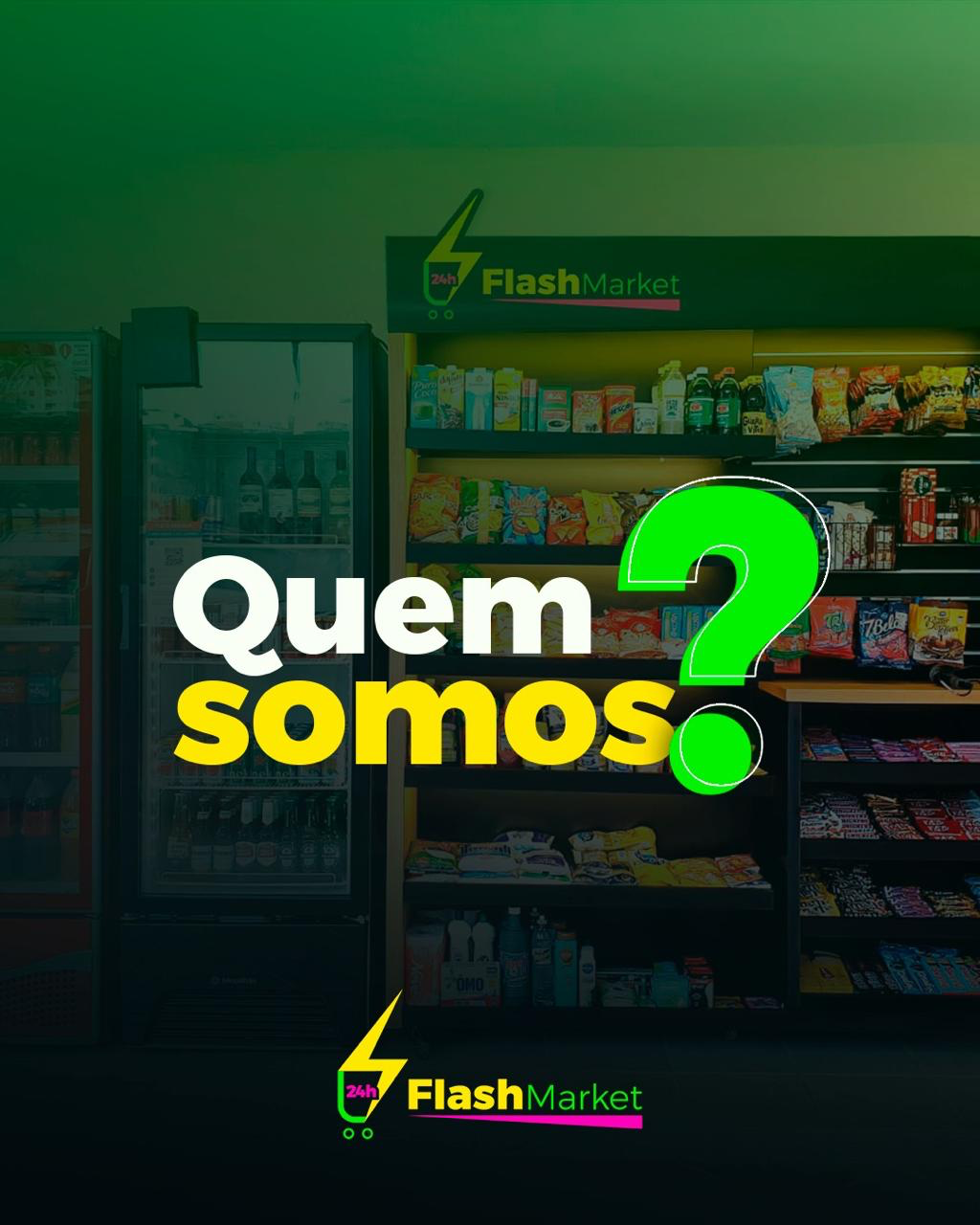 Interior da loja Flash Market 24h com geladeiras e prateleiras abastecidas