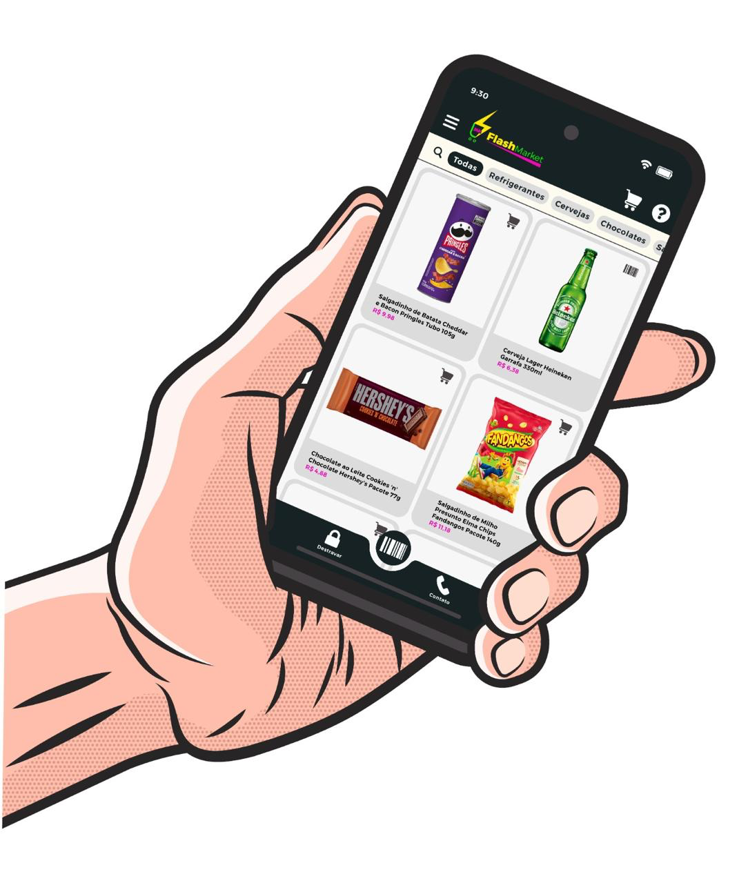 Aplicativo Flash Market 24h aberto no celular com lista de produtos